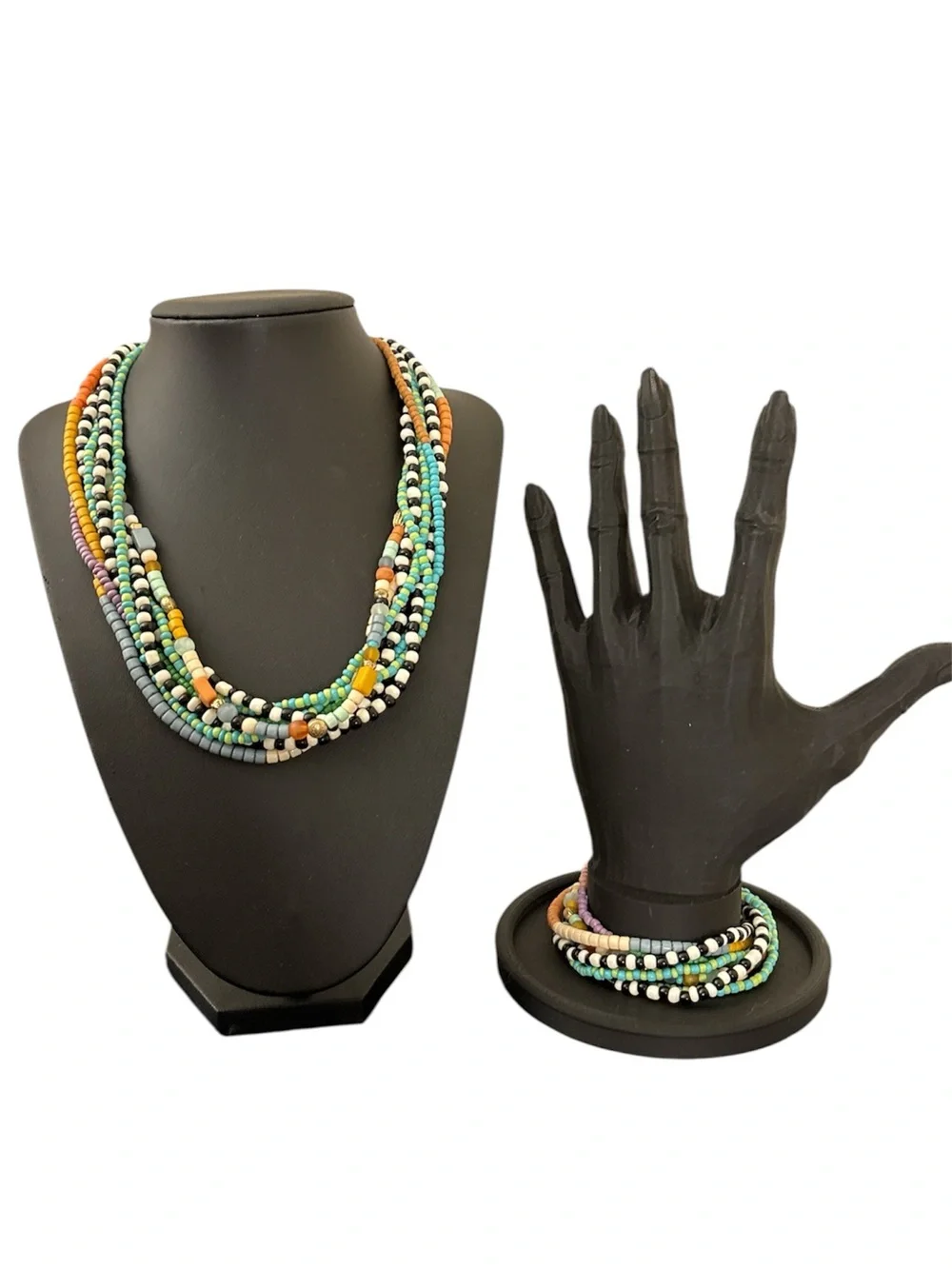 Plunder Multi Strand Seed Bead Necklace & Matching Bracelet Boho Jewelry Set NIP